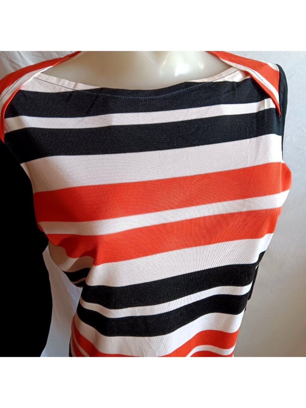 Medium True Vintage Top 1970's Mod Blouse Striped Orange Black White Acetate
